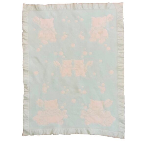 Vintage Baby Blanket With Satin Trim Kittens Bathing Design 34x44 Blue White - Picture 1 of 9